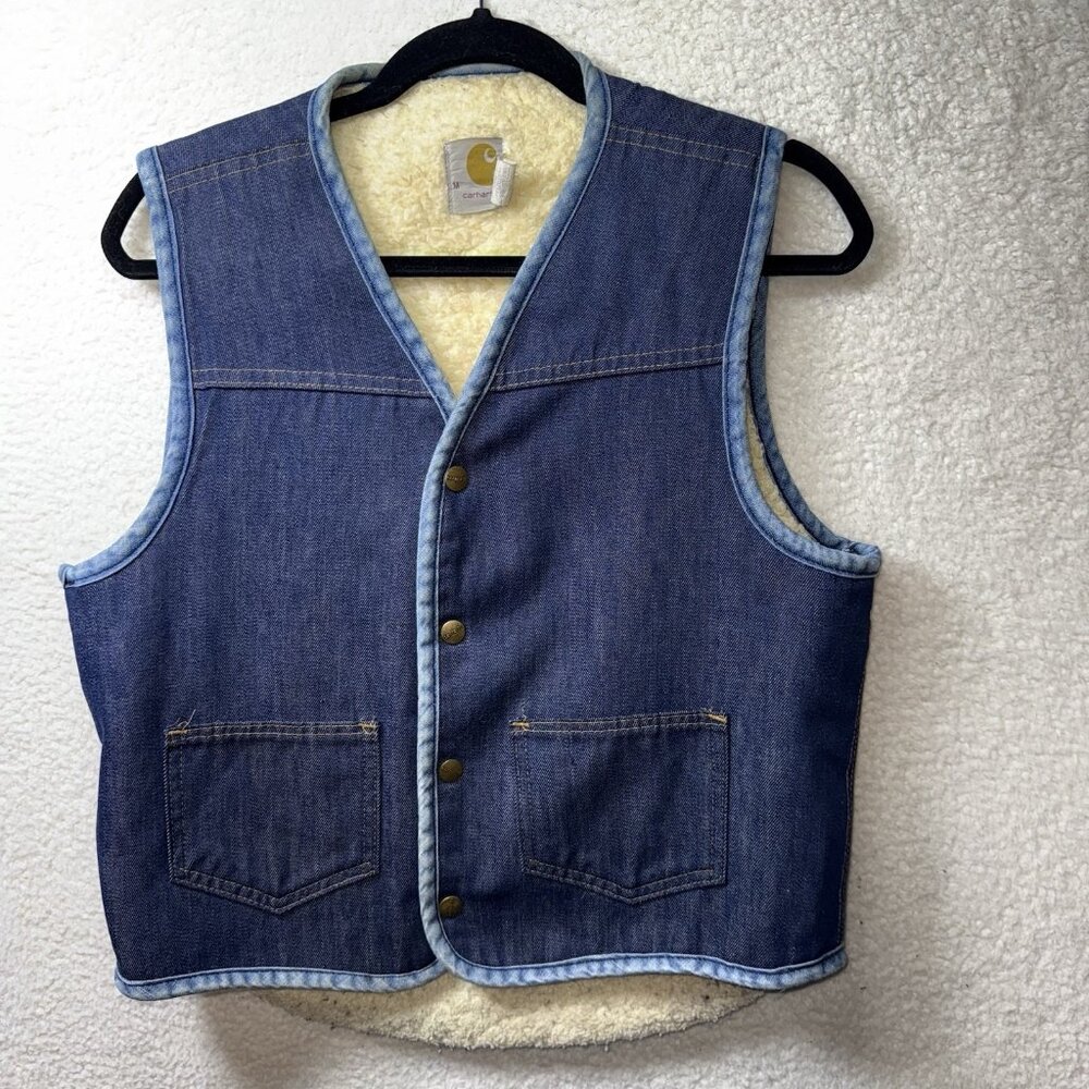 Vintage 70s Carhartt Denim Vest Mens Medium Sherpa Lined Made in USA Western